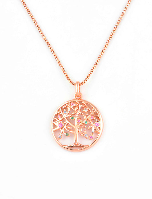 JM 925 Sterling Silver Life of Tree CZ Necklace (Rose Gold)