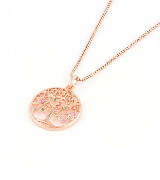 JM 925 Sterling Silver Life of Tree CZ Necklace (Rose Gold)