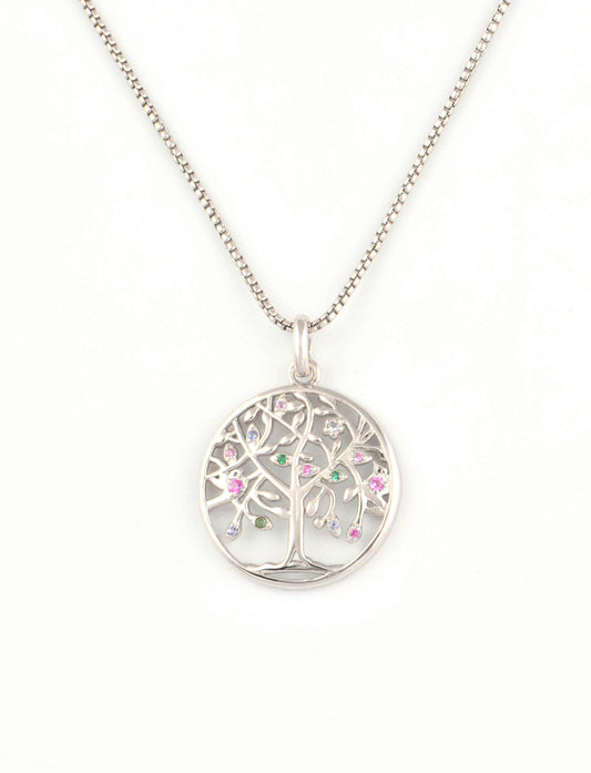 JM 925 Sterling Silver Life of Tree CZ Necklace (Rhodium)