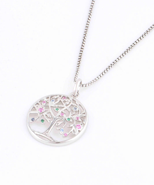JM 925 Sterling Silver Life of Tree CZ Necklace (Rhodium)