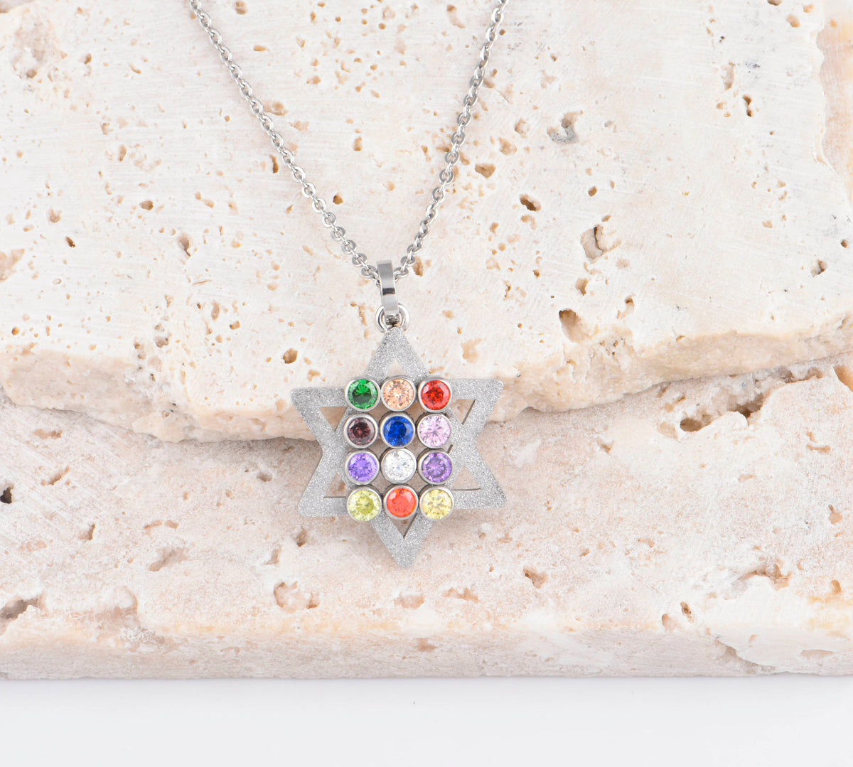 12 Color Gemstone Star of David Priest Brand Necklace
