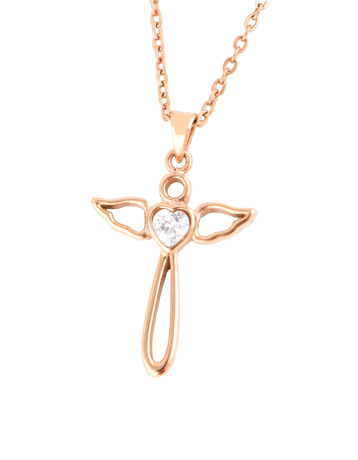 JM Angel Wings Cross with CZ Necklace (Rose Gold)
