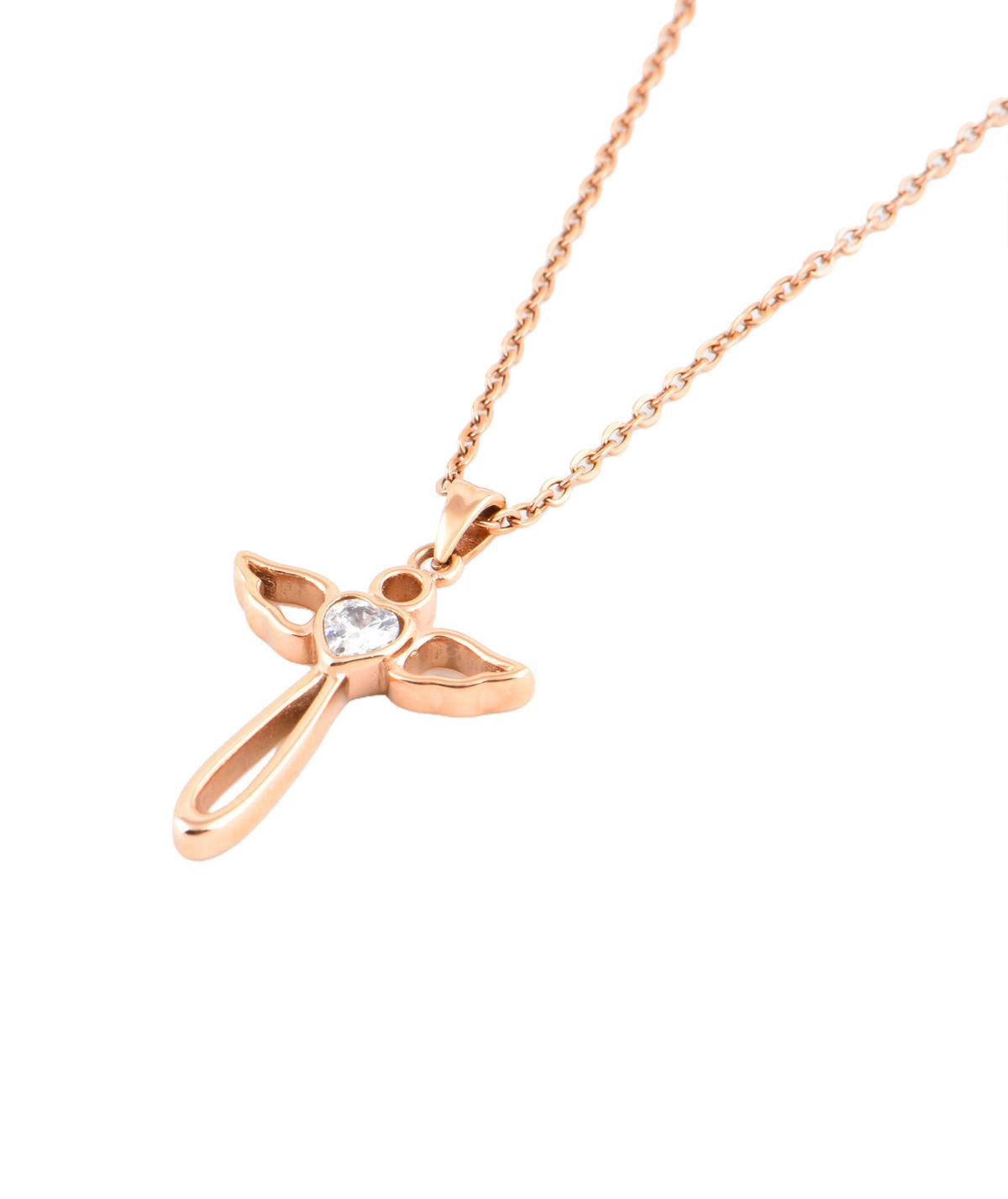 JM Angel Wings Cross with CZ Necklace (Rose Gold)