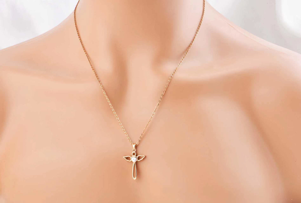 JM Angel Wings Cross with CZ Necklace (Rose Gold)