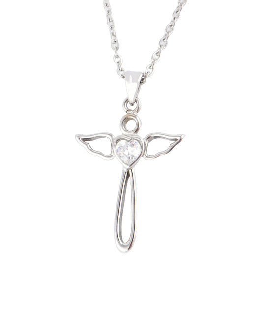 JM Angel Wings Cross with CZ Necklace (Silver)