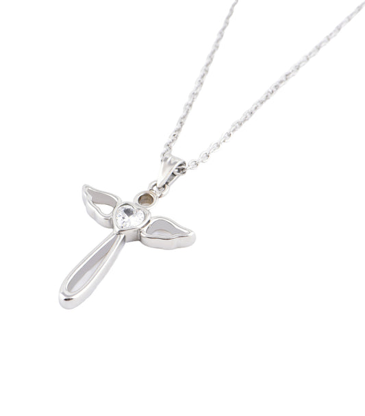 JM Angel Wings Cross with CZ Necklace (Silver)