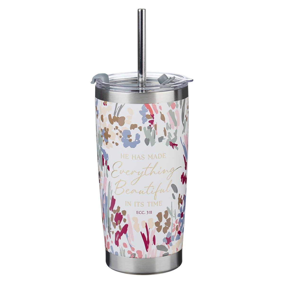 White Floral Everything Beautiful Stainless Steel Tumbler with Reusable Stainless Steel Straw - Ecclesiastes 3:11