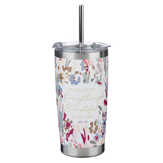 White Floral Everything Beautiful Stainless Steel Tumbler with Reusable Stainless Steel Straw - Ecclesiastes 3:11