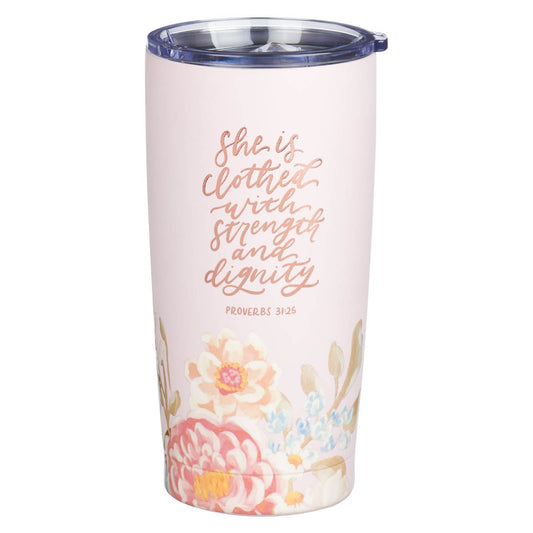 Strength and Dignity Pink Floral Stainless Steel Travel Tumbler - Proverbs 31:25