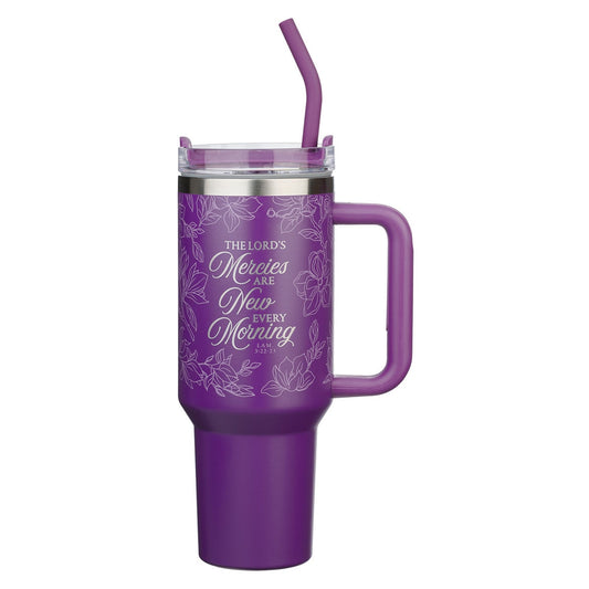 New Mercies Purple Floral 40 oz Stainless Steel Tumbler with Straw - Lamentations 3:22-23