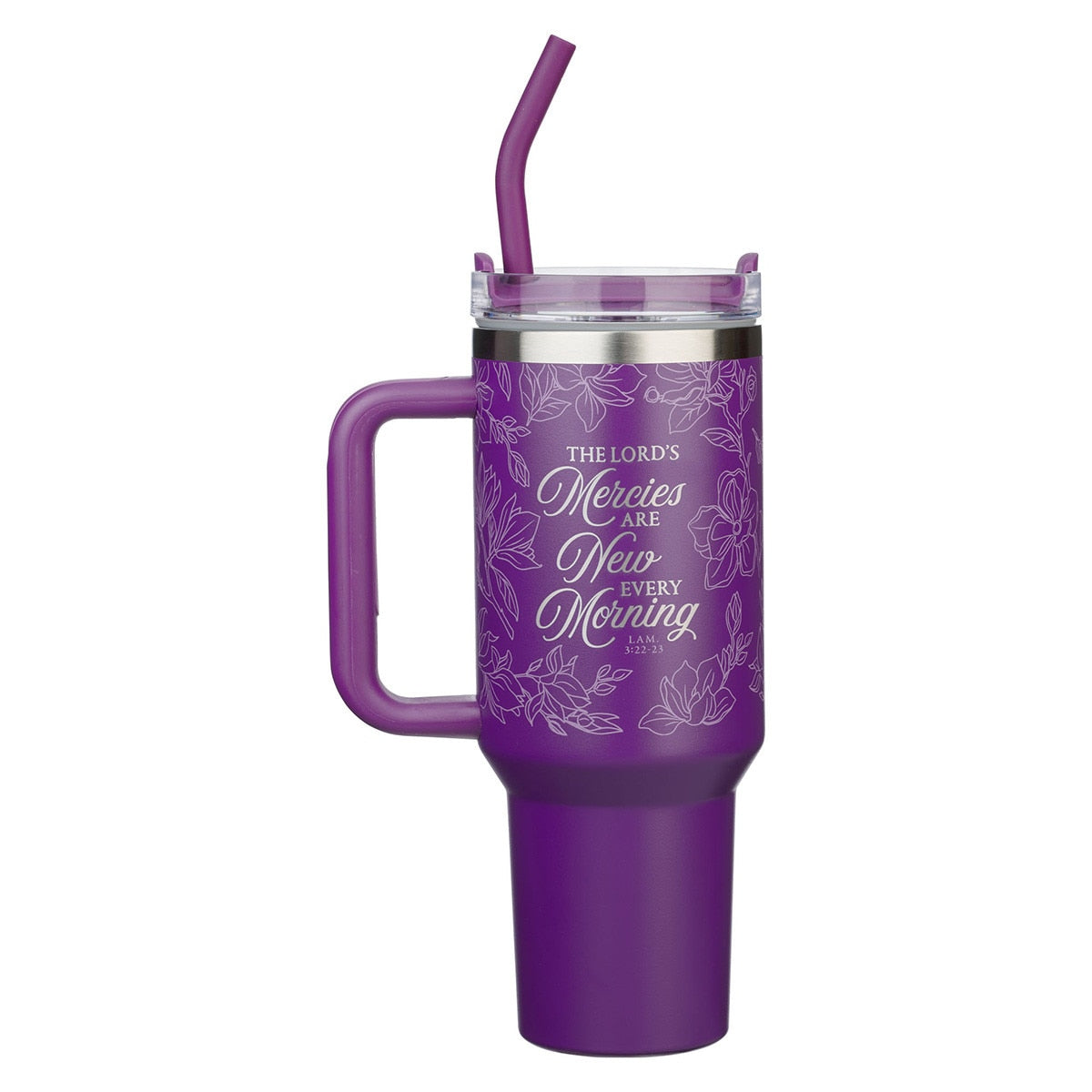 New Mercies Purple Floral 40 oz Stainless Steel Tumbler with Straw - Lamentations 3:22-23