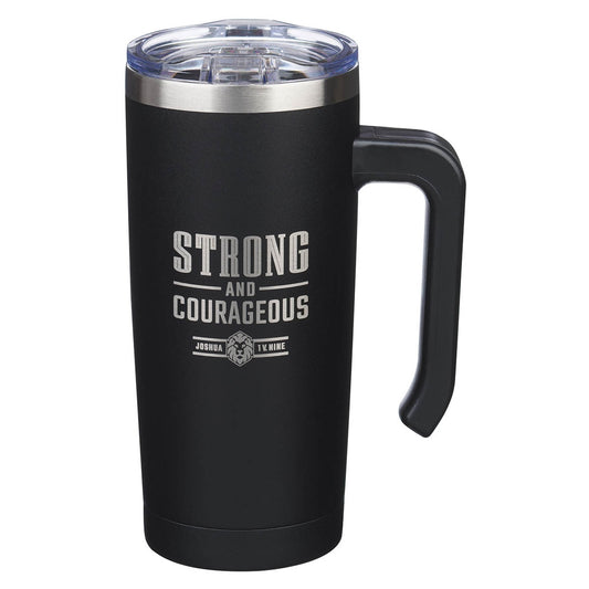 Strong and Courageous Black Stainless Steel Travel Mug with Handle - Joshua 1:9