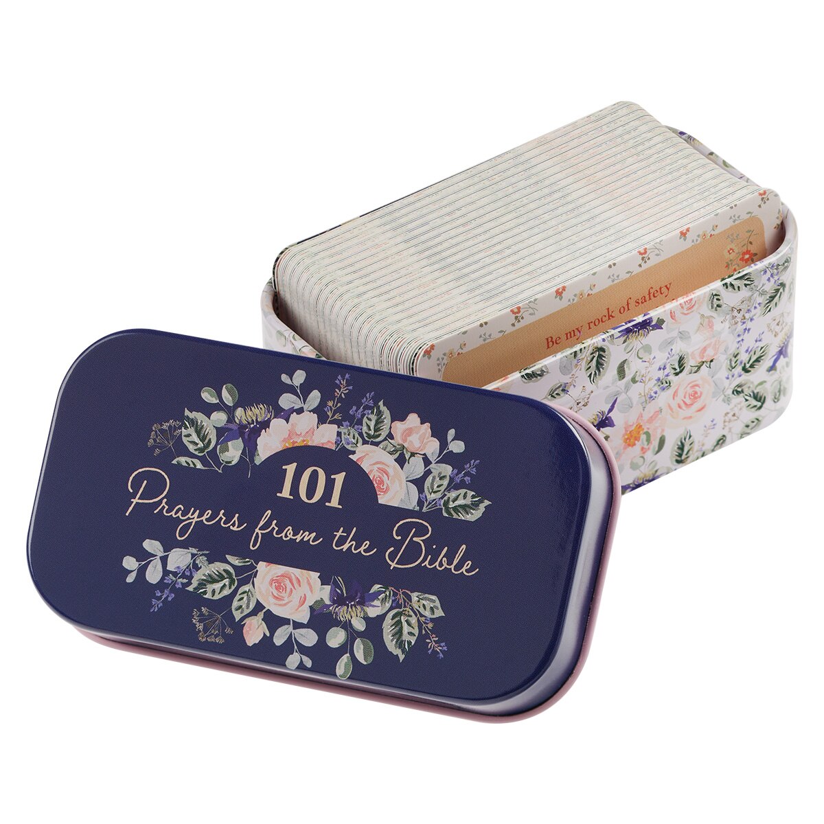 101 Prayers From The Bible Navy Scripture Cards in a Tin