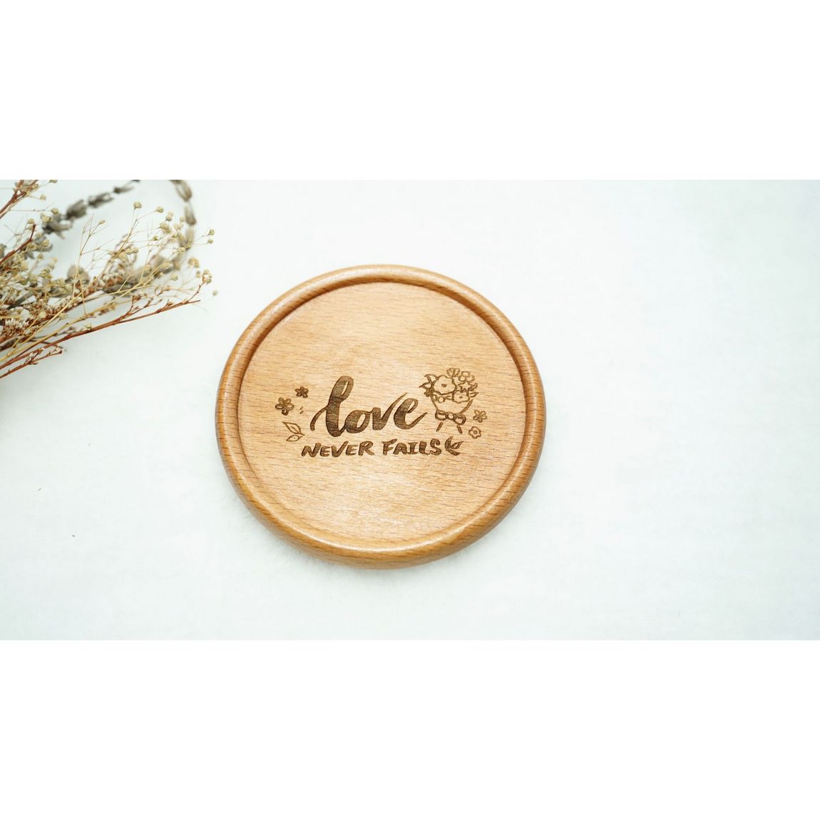 Engraved Wooden Coaster (Round) - Love Never Fails