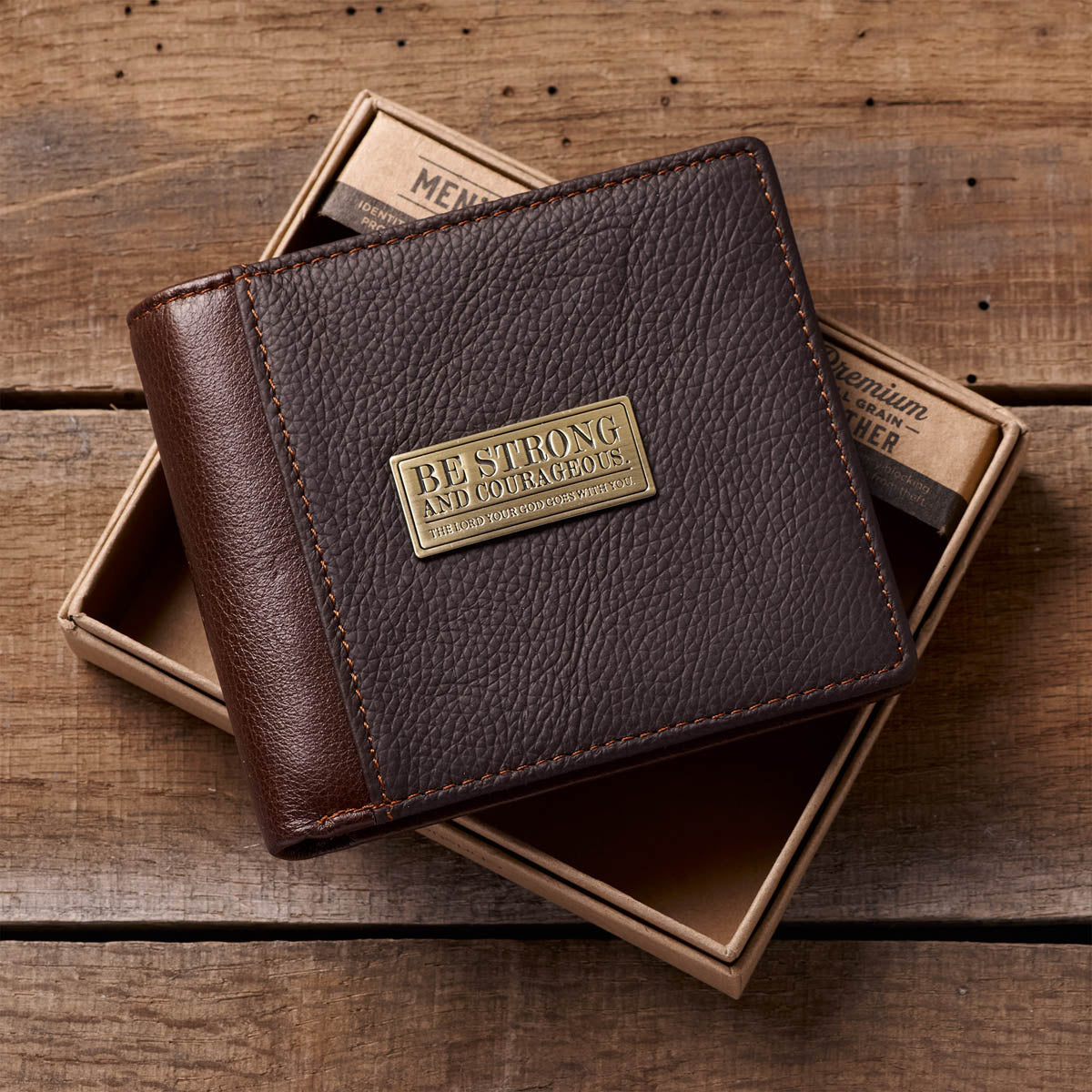 Strong and Courageous Two-tone Brown Full Grain Leather Wallet - Joshua 1:9 - Image 4