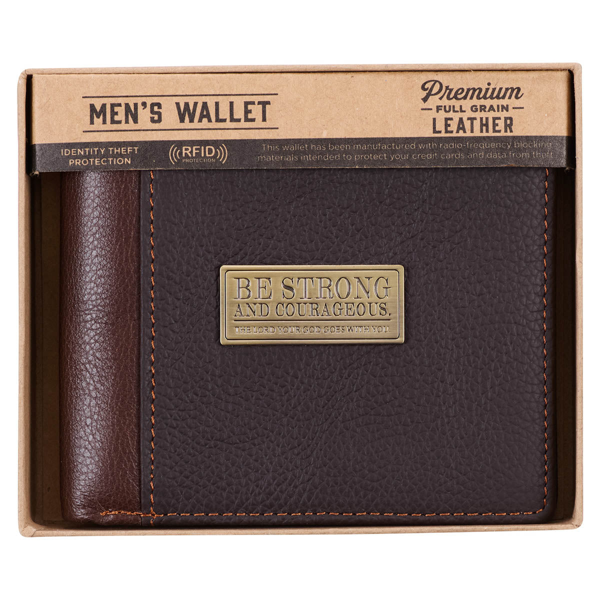 Strong and Courageous Two-tone Brown Full Grain Leather Wallet - Joshua 1:9 - Image 6