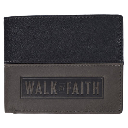 Walk by Faith Black and Gray Full Grain Leather Wallet - 2 Corinthians 5:7