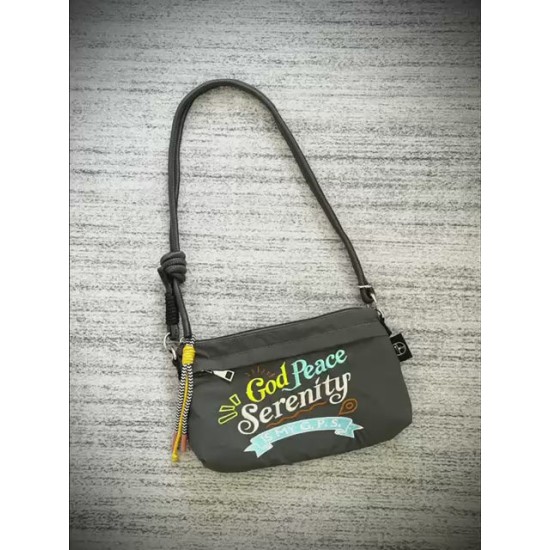 “God Peace Serenity is my G.P.S. “Small Handbag with embroidered calligraphy
