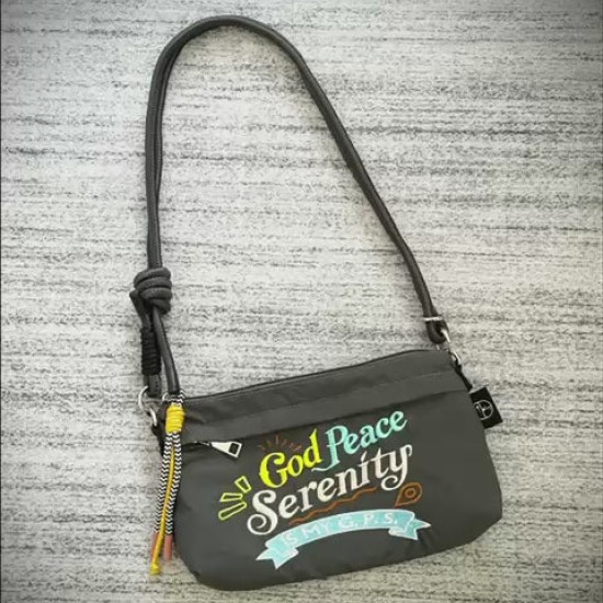 “God Peace Serenity is my G.P.S. “Small Handbag with embroidered calligraphy