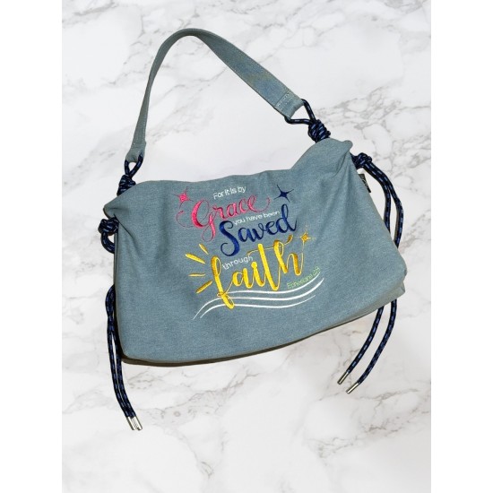 Saved by Grace through Faith Handbag – Ephesians 2:8 (Light Blue)