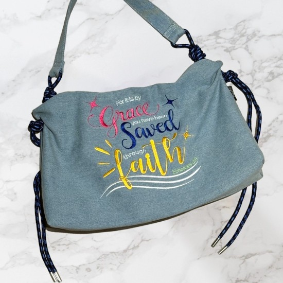 Saved by Grace through Faith Handbag – Ephesians 2:8 (Light Blue)