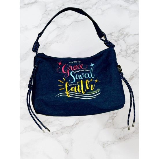 Saved by Grace through Faith Handbag – Ephesians 2:8 (Dark Blue)