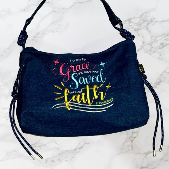 Saved by Grace through Faith Handbag – Ephesians 2:8 (Dark Blue)