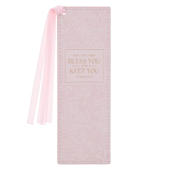 Bless and Keep You Blush Floral Faux Leather Bookmark - Numbers 6:24