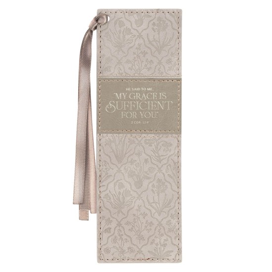 Sufficient Grace Taupe Floral Faux Leather Bookmark - 2 Corinthians 12:9