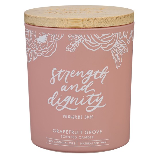 Strength and Dignity Grapefruit Scented Candle in a Peach Glass Jar- Proverbs 31:25