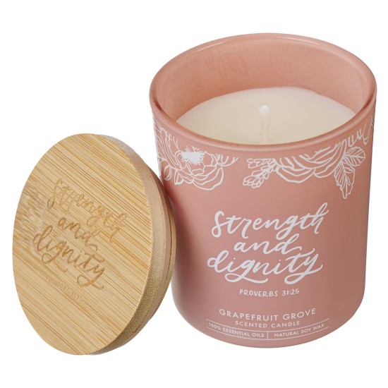 Strength and Dignity Grapefruit Scented Candle in a Peach Glass Jar- Proverbs 31:25