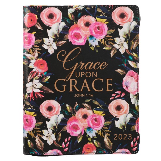 2023 Grace Upon Grace Large Zippered Floral Faux Leather 18-Month Planner For Women - John 1:16
