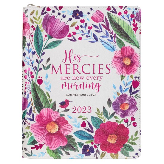 2023 New Mercies Every Morning Large Zippered Floral Faux Leather 18-Month Planner for Women - Lamentations 3:22-23