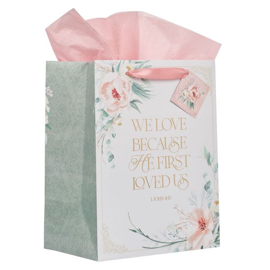 Love Peachy-pink Floral Large Portrait Gift Bag - 1 John 4:19