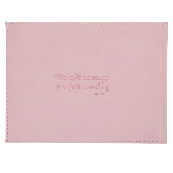 Pink Floral Mr. & Mrs. Medium Faux Leather Wedding Guest Book - 1 John 4:19