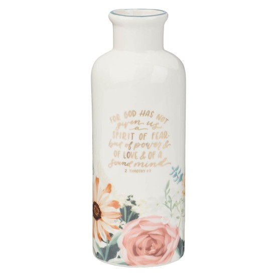God Has Not Given Us a Spirit of Fear Teal Floral Ceramic Table Vase - Timothy 1:7