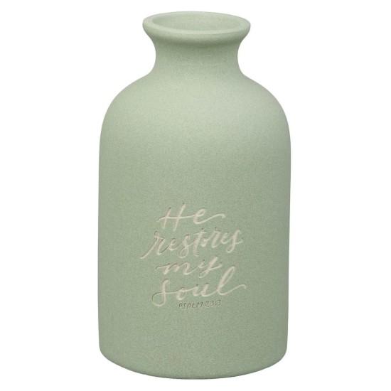 He Restores My Soul Green Garden Ceramic Table Vase - Psalm 23:3