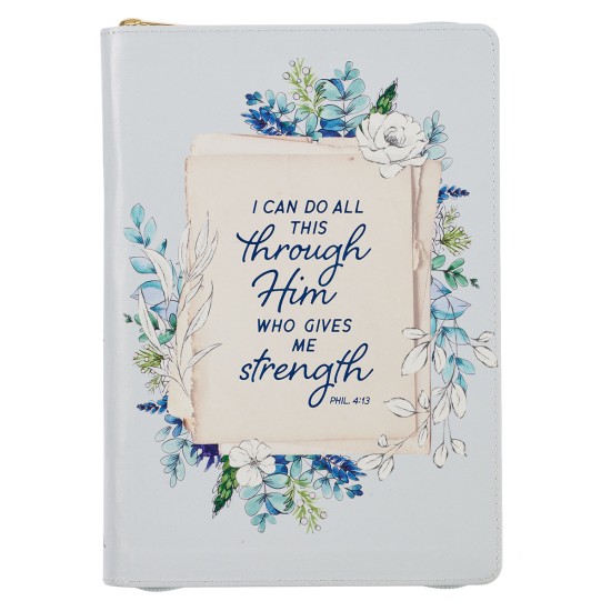 All Things Pale Blue Floral Faux Leather Classic Journal with Zipped Closure - Philippians 4:13