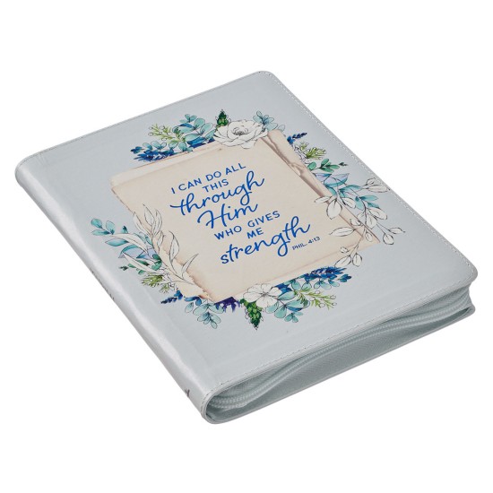 All Things Pale Blue Floral Faux Leather Classic Journal with Zipped Closure - Philippians 4:13