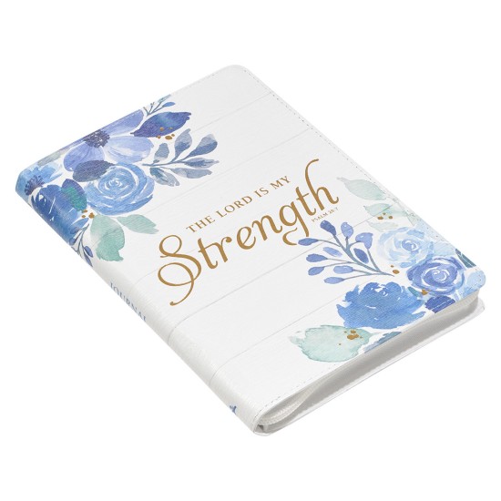 The Lord is my Strength Blue Floral Faux Leather Classic Journal with Zipper Closure - Psalm 28:7