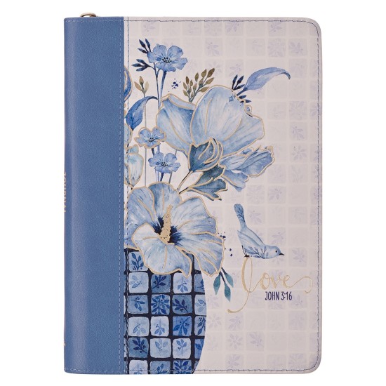 Love Blue Floral Tile Faux Leather Journal with Zipper Closure - John 3:16 Love Blue Floral Tile Faux Leather Journal with Zipper Closure - John 3:16