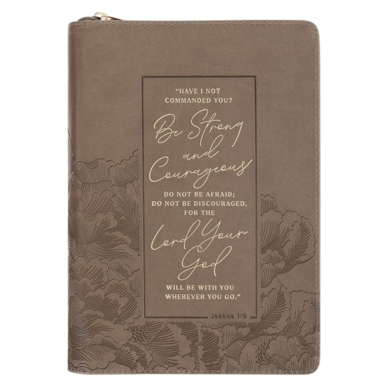 Be Strong and Courageous Ash-brown Faux Leather Journal with Zipper Closure - Joshua 1:9