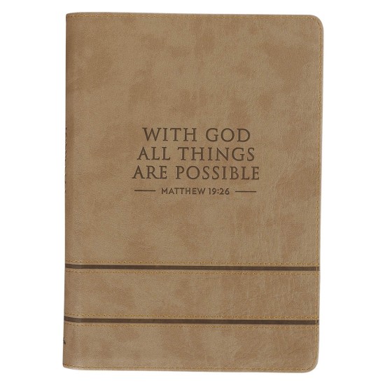 With God All Things Are Possible Tan Faux Leather Journal with Zipper Closure - Matthew 19:26