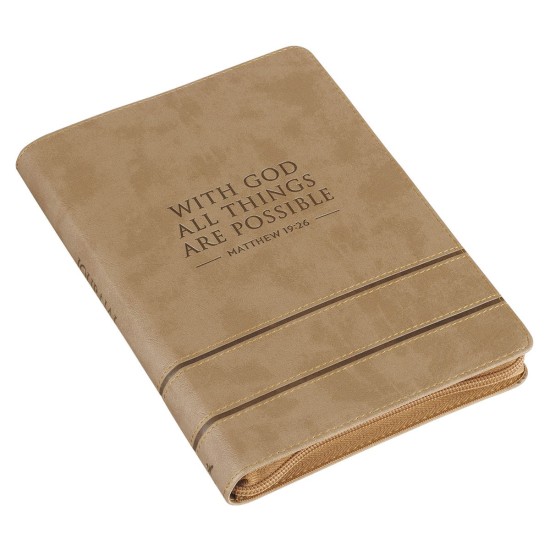 With God All Things Are Possible Tan Faux Leather Journal with Zipper Closure - Matthew 19:26