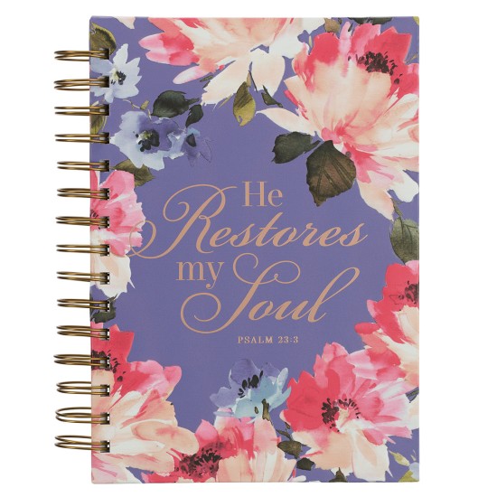 He Restores My Soul Purple Floral Large Wirebound Journal - Psalm 23:3