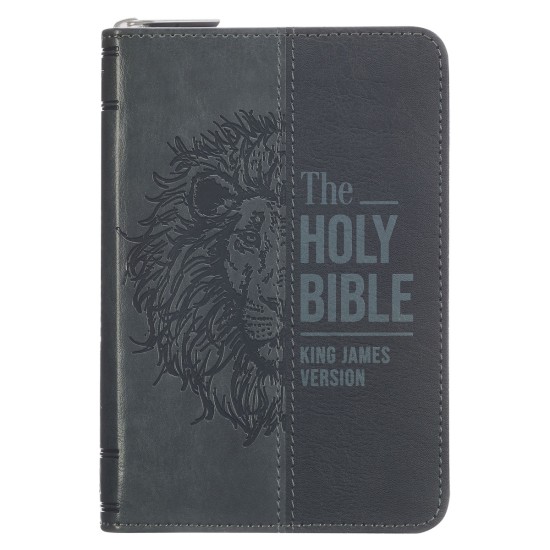 Gray Lion Faux Leather King James Version Pocket Bible with Zipper Closure