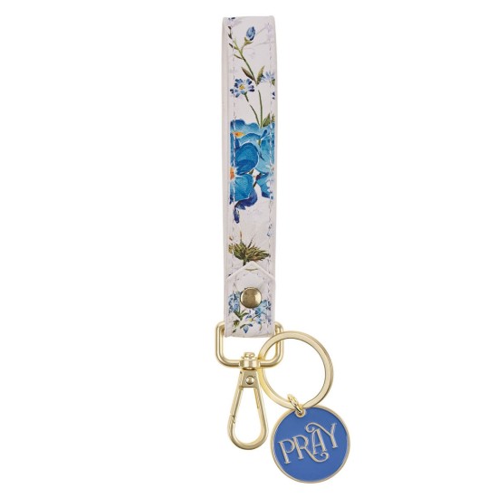 Pray Blue Floral Faux Leather Wristlet Keychain - Job 22:27