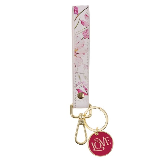 Love Red Floral Faux Leather Wrist Strap Keychain - 1 Corinthians 13:4