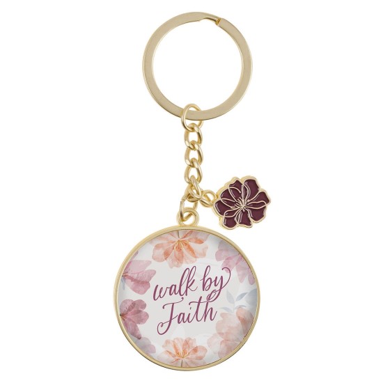 Walk by Faith Pink Cosmos Metal Keychain with Link Chain Medallion - 2 Corinthians 5:7