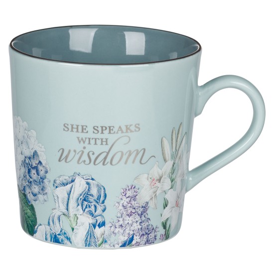 She Speaks with Wisdom Blue Floral Ceramic Coffee Mug - Proverbs 31:26